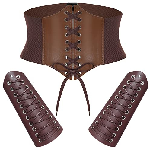Pistha 3 Pcs Corset Belt Elastic and Faux Leather Gauntlet Wristband for Women Halloween Medieval Renaissance Pirate Viking Warrior Cosplay Brown (L, Brown)
