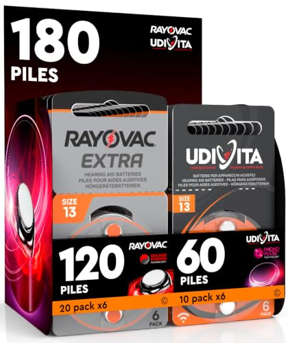 180 Baterías para Audífonos Medida 13 PR48 Naranjas Zinc Aire Phono Pulse Technology en 30 Blíster de 6 Pilas 180 Baterías 120 Rayovac + 60 Udivita