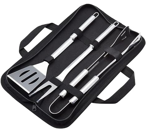 Amazon Basics 4-Piece Stainless Steel BBQ Grilling Tool Set with Carry Bag, Rust-Resistant, Dishwasher Safe