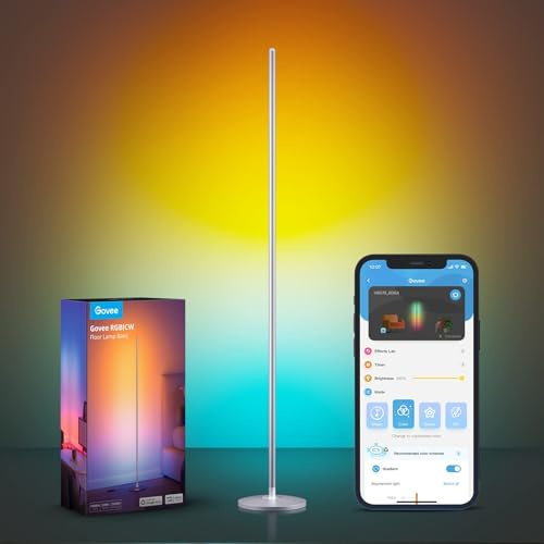 Govee RGBIC Lampadaire sur Pied Salon, WiFi Lampadaire LED Fonctionne avec Alexa, Matter, Google APP, Musique Sync, 16 Millions Couleurs et 61 Modes de Scène, Lampe Moderne pour Chambre Salle, Argenté