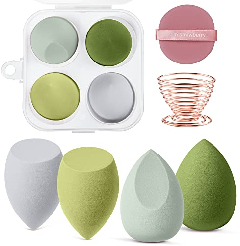 AUAUY Spugnette Trucco, Spugna di Bellezza per Fondotinta 4 pz con 1 Supporto e 1 piumino da cipria，applicatore cosmetico multicolore per uso asciutto e bagnato per Liquidi, Crema e Polvere （Verde）