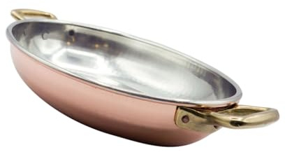 CREARTISTIC 100% Made in Italy Verzinntes Kupfer Oval Flache Kupferpfanne - 37x26 cm H6.5cm x 3.3L, mit 2 Messinggriffen à 4 cm, Serviertopf, Handgemacht