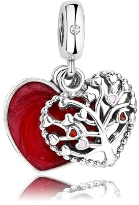 Charm Amour Coeur avec Arbre de Vie et Rose en Argent 925 - Les Folies (Modèle Pandora), Argent sterling, Zircone cubique