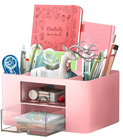 Schreibtisch Organizer 5 Fächer Stiftehalter Schreibtisch Tisch Organizer mit Schublade, Multifunktionaler Schreibtisch Organizer für Stifte Büro Zuhause Schule Platzsparendes Desk Organizer (Rosa)