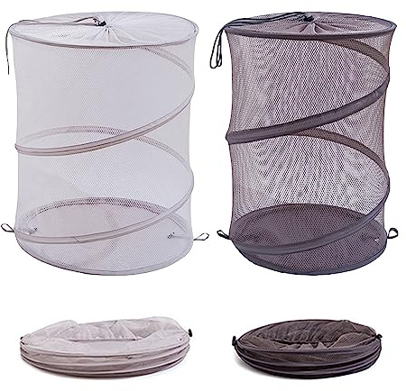 2 cestas plegables para la colada, de malla, 42 L, con tapa, plegables con cordón, para ropa, ropa sucia