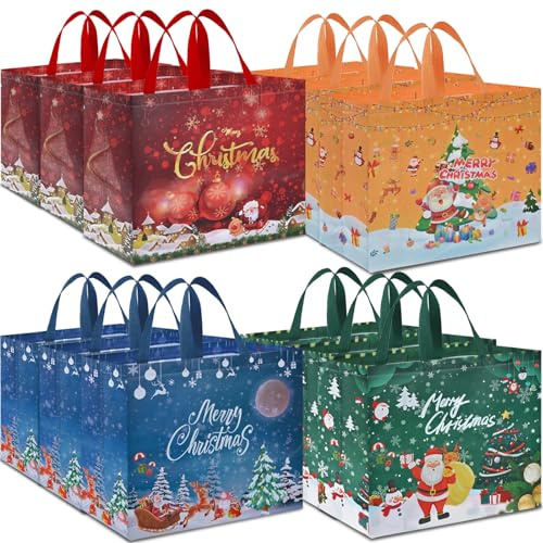 AhfuLife 12 Stück Geschenktüten Weihnachten Extra Groß, 40 * 36 * 15CM, Non Woven Weihnachtstaschen Weihnachtstüten mit Griffen, Wiederverwendbare Weihnachtsgeschenktüten, Weihnachts Geschenktüten