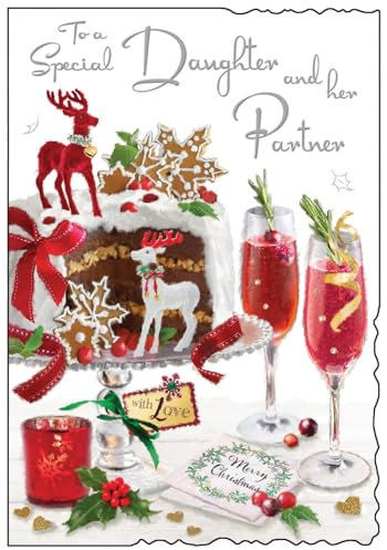 Jonny Javelin Special Daughter & Partner Christmas Card - Christmas Cake and Drinks with an Embossed Foil Flitter Finish