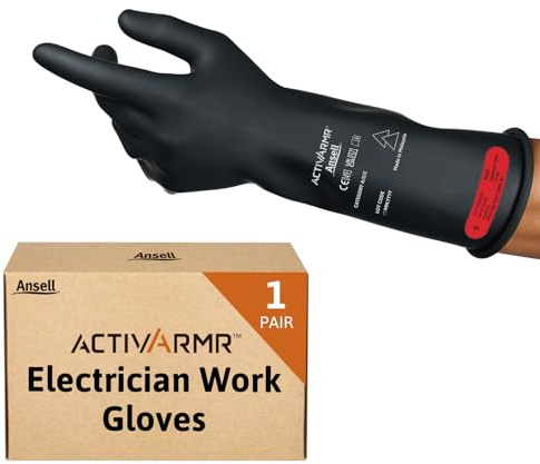 Ansell ActivArmr E013B Gants Electricien, Protection Électrique Classe 00 (Tension 500V), Gants Isolants en Latex de Caoutchouc Naturel, EPI pour Professionels, Noir, Taille M (1 Paire)
