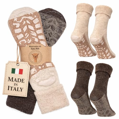 MOUNTREX Stoppstrumpor alpacka strumpor, halkfria ullstrumpor kvinnor och män, vinterstrumpor – varma ABS husstrumpor, tjocka halkfria strumpor – 2 par, Beige/brun, 39-42 EU