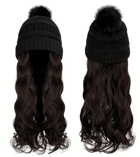Beanie Hat Wig for Women, Long Wavy Hair Extensions Hat Attached 20 Curly Synthetic Hairpiece for Winter(Dark Brown)