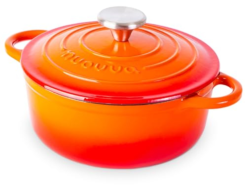 Casseruola in Ghisa Smaltata, Pentola Olandese Antiaderente con Coperchio, Induzione/Gas/Forno, Cottura Omogenea – 2.1 Liter 20cm Arancione – da Nuovva