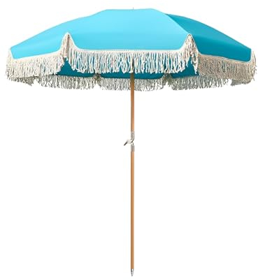 ELZEM 180 cm Terrassenschirm, Boho-Strandschirm mit Fransen, Gartenschirm mit Neigung, Strandschirme für Sand, UV-Schutz, tragbar, blau, 8 Rippen, Tragetasche für Hochzeit, Garten, Terrasse, Pool,