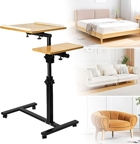 OHMG Beistelltisch mit Rollen,Pflegetisch Beistelltisch höhenverstellbar,Computertisch Beistelltisch Laptoptisch PC Tisch mit Rollen für Büro,Betttisch Pflegebett,Schrebitisch (Holz (70.44.65/95cm))