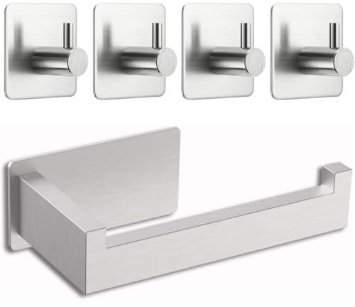 Toilettenpapierhalter Ohne Bohren, Klopapierhalter Ohne Bohren, Selbstklebend Toilettenpapierrollenhalter Edelstahl mit 4 Stück Handtuchhaken,Toilet Paper Holder für Bad und Küche(Silber)