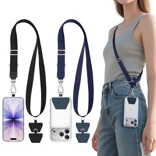 takyu 2 Pcs Adjustable Phone Lanyard Neck Strap, Universal Mobile Phone Lanyard with 4 Adhesive Tethers, Compatible for iPhone, Samsung, HUAWEI and Most Smartphone Black & Gray