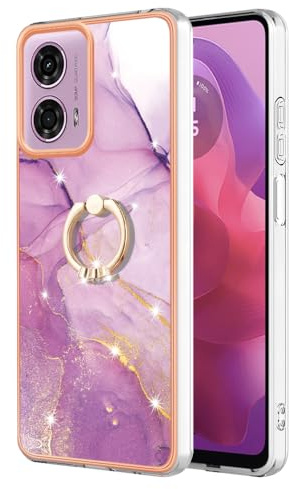 Reevermap Motorola Moto E14 Case with Ring Holder, Shockproof Silicone Marble Phone Cover Kickstand Soft Metallic TPU Rubber Bumper Case for Motorola Moto E14, Light Purple