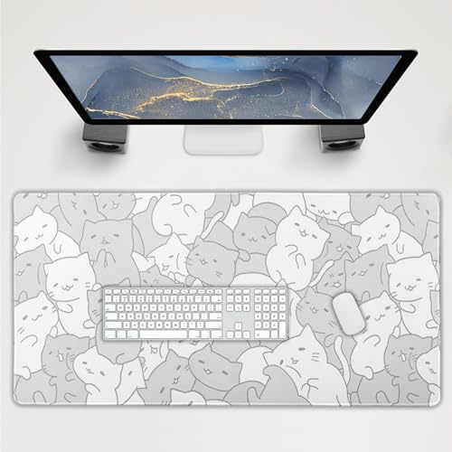 Kawaii Cats Gaming Mouse Pad Extended Cute Anime Kittens Japanese Extended Big Large Desk Mat Non-Slip Rubber Base Stitched Edge Long Keyboard Mousepad for PC Computer Laptop,40x20 Inch, 100x50 CM