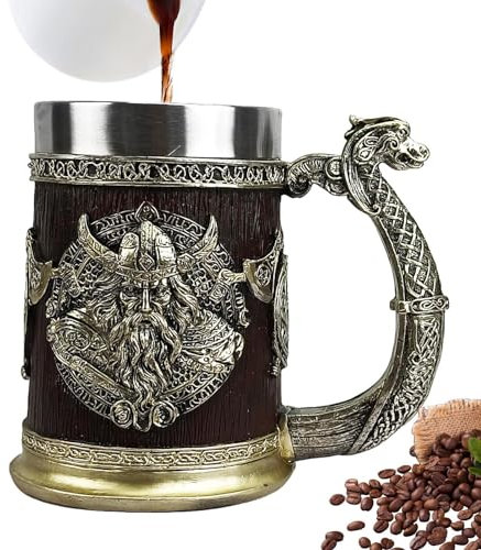 Boccale di birra vichingo | Boccale da birra da uomo in acciaio inossidabile da 600 ml | Fantastica tazza da caffè vichinga Tazza a botte di whisky Tazza a botte da uomo antica Decorazione per feste D