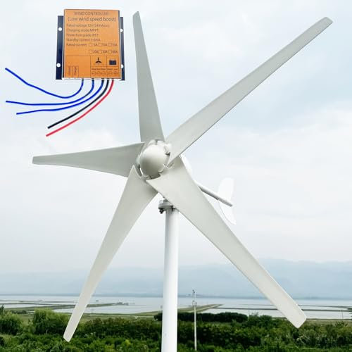 ZHOZHUT 12V 24V 48V Aerogenerador 800W-1200W Turbina Eolica 5 Palas con 5 Aspas Blancas Y Controlador, Bajo Nivel De Ruido Y Alta Eficiencia Eolico Domesticos Molino Eolico para Exteriores,1000w,12V