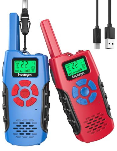 Inspireyes Walkie Talkies Niños Recargables, Pack de 2, Regalo Niño Niña | 48 h de autonomía, largo alcance, VOX manos libres, linterna, camping, senderismo, regalo de cumpleaños y Navidad