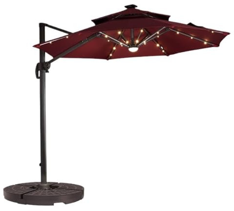 THEGA Sonnenschirm Für Den Außenbereich - 2,44 M Langer Ampelschirm Mit Sockel Und Solar-LED-Leuchten, Neigbarer Schirm Für Den Außenbereich, Garten, Terrasse, Gartenschirm