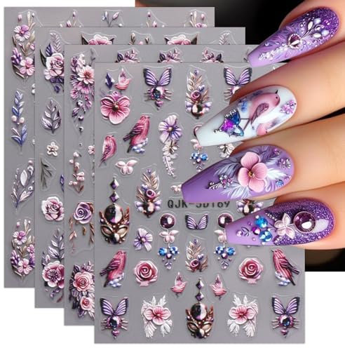 JMEOWIO 3D Fleurs Stickers Ongles Nail Art, Autocollants Ongles Autoadhésif 5D Deco Ongle Nail Art Design Manucure 4 Feuilles
