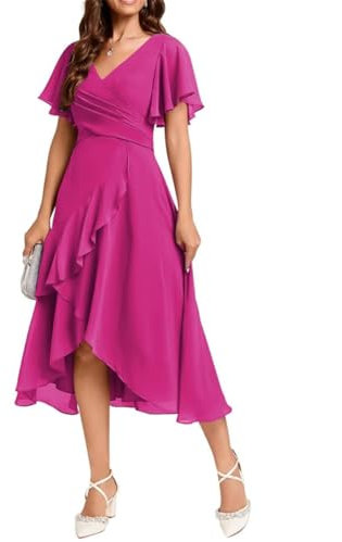 Vestido de dama de honor de gasa para mujer con manga corta, cuello en V, plisado, vestido de fiesta de graduación con cordones, fucsia, 40