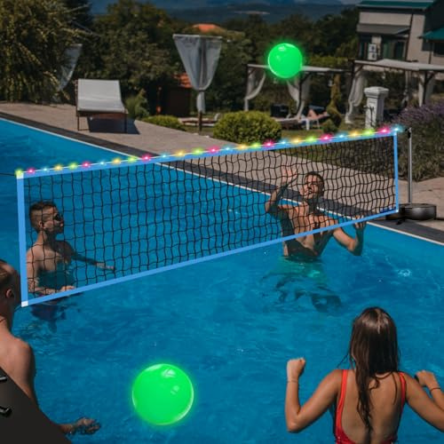 Yiwsnust Red de voleibol de piscina con luz, red de voleibol LED portátil para piscina con base pesada, 2 bolas brillantes, juego de voleibol de natación de cancha completa para piscina enterrada