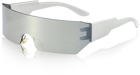 TUONYIS 1 Pcs Futuristic Silver Sunglasses, Party Glasses Rimless Y2K Sunglasses, Rave Glasses, Funky Eyewear, for Role Play, Halloween, Rave Parties, Nightclub Birthday Party (Silver)
