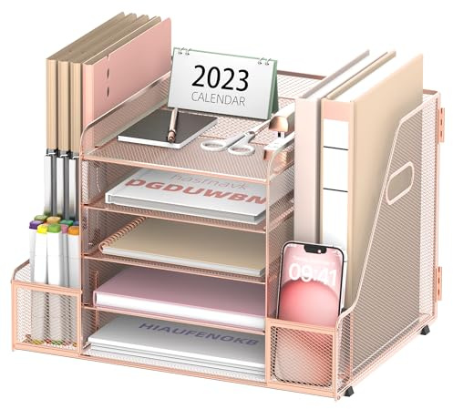 SUPEASY Gitter - Schreibtischorganizer mit Dateienhalter, 5 - Schichten - Papier - und Briefkastenträger mit Magazinehalter, Schreibtischorganizer und Lagerungseinheit, Rose Gold