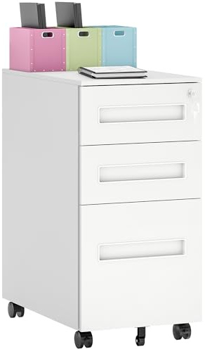 Vinsetto 3 Drawer Mobile File Cabinet, Metal Filing Cabinet with Lock and 5 Wheels for A4/Legal/Letter Sized Documents, Hanging File Folders, Pre-Assembled Body, 30 x 43.5 x 60 cm, White