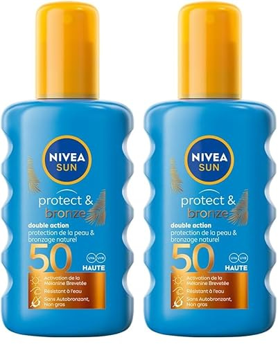 NIVEA SUN Spray solaire Protect & Bronze FPS 50 (1 x 200 ml), crème solaire avec activateur de bronzage, protection solaire à la formule légère et non grasse (Lot de 2)