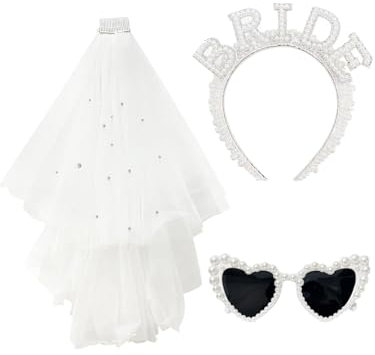 3 Stück JGA Accessoires Frauen,bride to be deko Package includes Schleier JGA Weiße, Tiara, Herz Sonnenbrille Perle, JGA deko frauen für Junggesellenabschied Brautparty und Hochzeitsfotografie