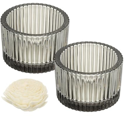 sourcing map 2 Pcs Glass Tea Light Candle Holder, Round Ribbed Glass Votive Candle Holder for Table Centerpiece, Home Decor and Party Supplies(Gray)