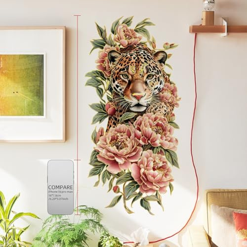 WandSticker4U® - Elegant Wall Tattoo Leopard & Flowers with Golden Contours (60 x 30 cm) I Wall Sticker Exotic Animal Motif with Peonies I Wall Sticker Living Room Bedroom Safari Animals