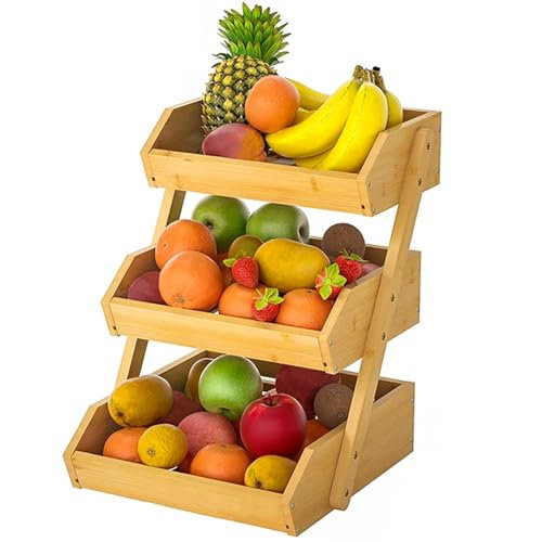 Frutero de bambú de 2 o 3 Niveles con Gancho para plátanos para encimera de Cocina. Diseño Frutas, Verduras, Aperitivos y Mucho más.