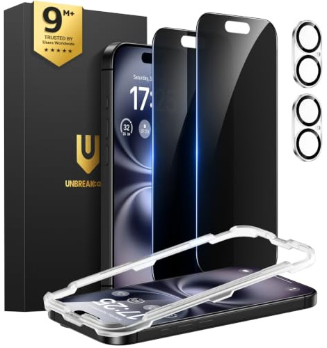UNBREAKcable iPhone 16 Privacy Screen Protector 2-Pack, Upgraded Dual-Tempered Glass + 2 Camera Lens Protectors, 25° Anti-Spy, Military-Grade 9H+, HD Clear, Anti-Fingerprint, 6.1 Inch