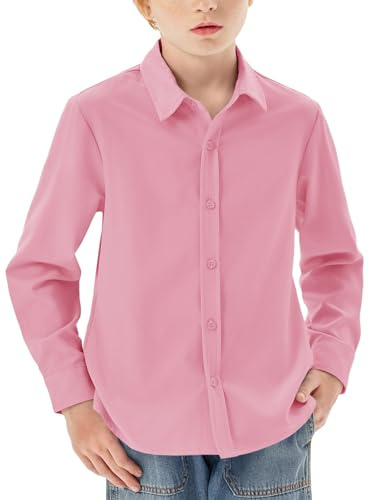 Haloumoning Camicia da ragazzo a maniche lunghe con bottoni, shirt Regular Fit, casual, per il tempo libero, feste, in tinta unita, facile da stirare, uniforme scolastica formale, top, Colore: rosa