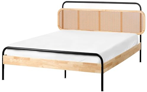 Beliani Holzbett Hellbraun/schwarz 140x200 cm mit Wiener Geflecht Kopfteil Boussicourt