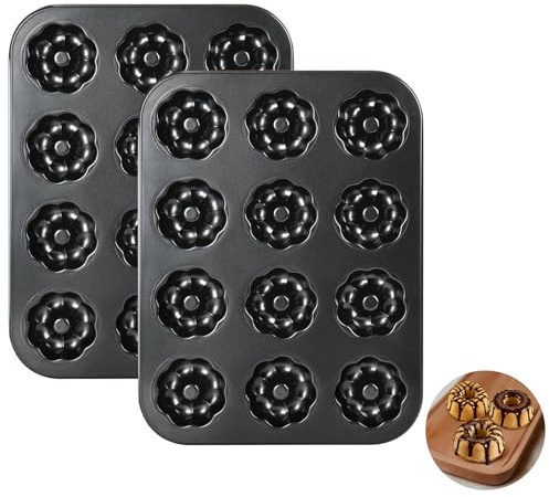 2 Pack Mini Bundt Cake Pans for Baking, 12-Cavity Nonstick Mini Bundtlette Baking Mold, Heavy-Duty Carbon Steel, Oven-Safe to 450℉ Versatile Fluted Bake Pan for Muffins, Brownies, Cupcakes, Mini Cakes