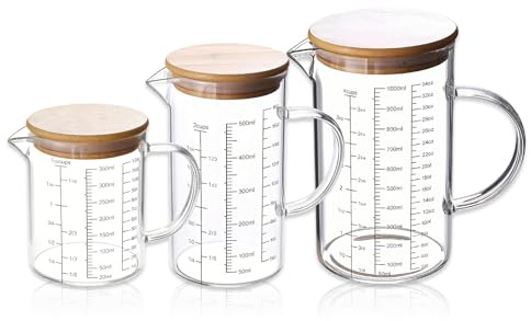 Lot de 3 gobelets doseurs en verre - 1 L/500 ml/350 ml - Verre borosilicate résistant à la chaleur - Avec poignée et bec verseur en forme de V - Pour cuisine ou restaurant