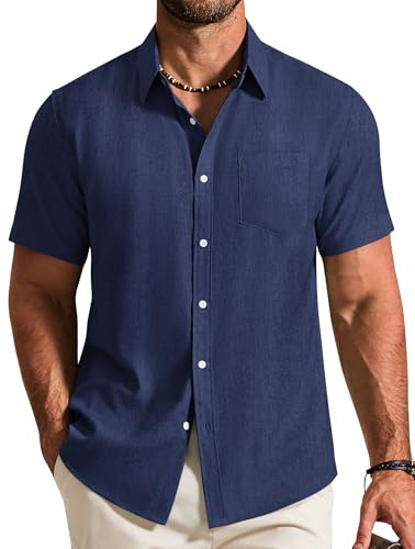 COOFANDY Camisa de Manga Corta para Hombre Camisa Informal Camisa Ligera de Verano Camisa de Corte Regular Camisa de Playa con Bolsillo