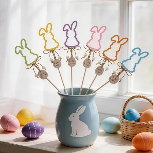 RAOPNHS 12 Stück Blumenstecker Ostern Set, Gartenstecker Ostern aus Holz mit Frohe Ostern Anhänger, 28cm, Bunte Osterhasen Deko Frühlingsdeko für Garten und Blumenstrauß, Osterdeko