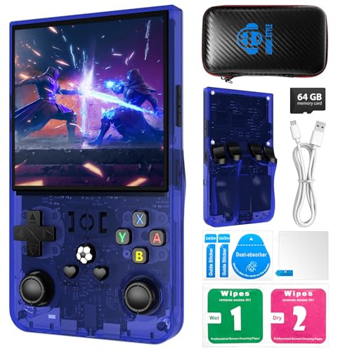 Console di gioco portatile retrò, schermo IPS HD da 4 pollici, 64 GB integrati, oltre 18.000 giochi classici, console di gioco retrò portatile con sistema Linux open source e batteria da 4000 mAh (blu