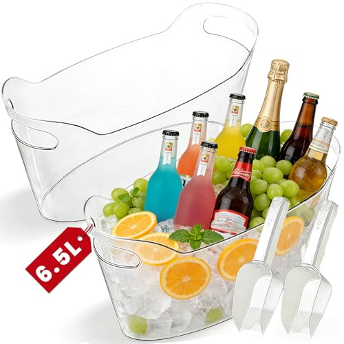 Ice Bucket for Parties 2 Packs, Portable Drinks Ice Cool Bucket with Handles for BBQs, Cooling Bottles, Cans of Beer, Champagne Cooler for Beverage/Wine/Beer, Bar Supplies Chiller Tub with Scoop