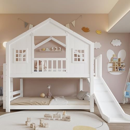 YuQozii Letto a castello con scivolo, per bambini, design squisito con finestra e soffitto, rete stabile e gradini, pino + MDF + compensato, bianco, 90 x 200 cm
