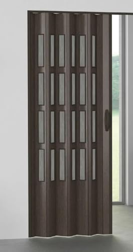 Porta a Soffietto Scorrevole, Colore Wengé con Finestra Fumé, con Serratura e Chiave, Altezza 214 cm, Larghezza 95 cm, Doppia Parete, PVC