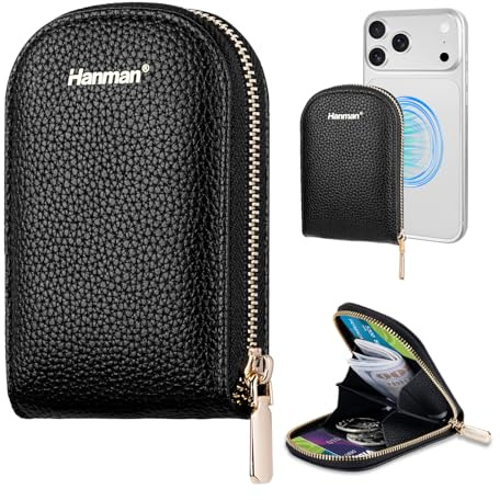 Hanman Magnetischer Kartenhalter für Handy, Reißverschluss, Leder, Kartenhalter zum Aufkleben auf der Rückseite des Telefons mit 4 Kartenfächern und 2 Geldfächern, kompatibel mit iPhone 17/16/15/14/13