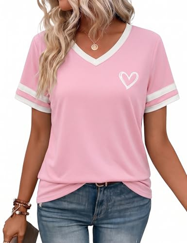 Gyabnw Tee Shirt Femme Col V Manches Courtes T Shirt Oversize Femme | Imprimé Coeur, Rayé, Bicolore, Extensible, Casual, Quotidien