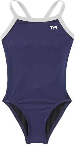 TYR Girls’ Hexa Diamondfit Swimsuit, Navy/White, 24